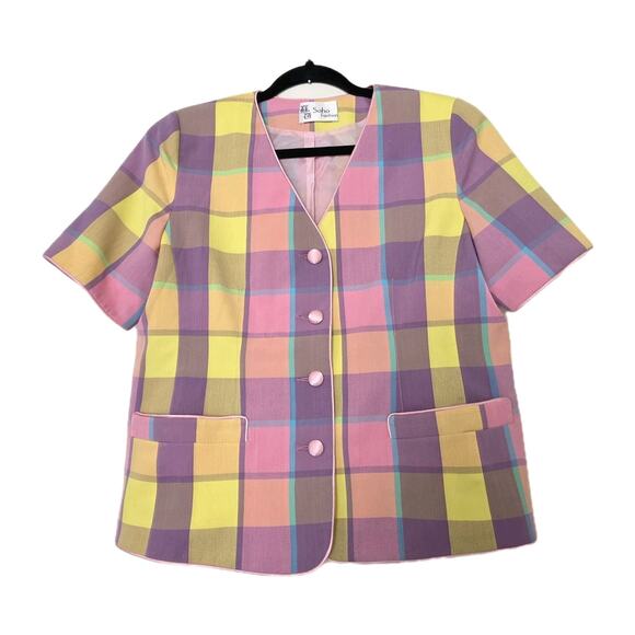 Vtg Plaid Checkered Pastel Blazer Jacket Womens M/L Artsy Retro Pockets Easter - Picture 1 of 8